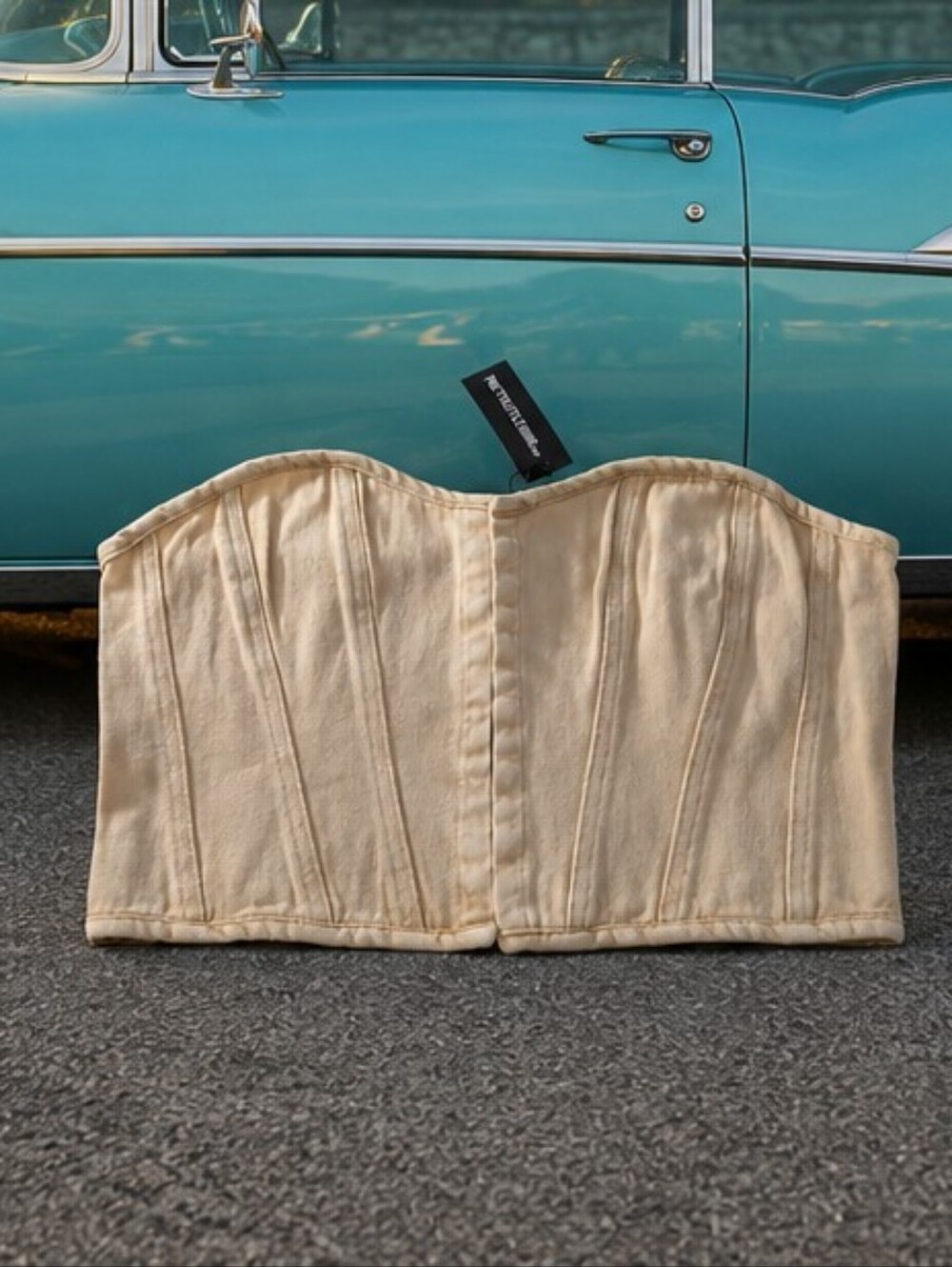PrettyLittleThing Washed Stone Denim Hook &Eye Structured Corset  Top